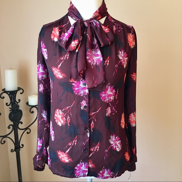 Halogen Tops - Halogen Burgundy Print Scarf Tie-Neck Blouse XS